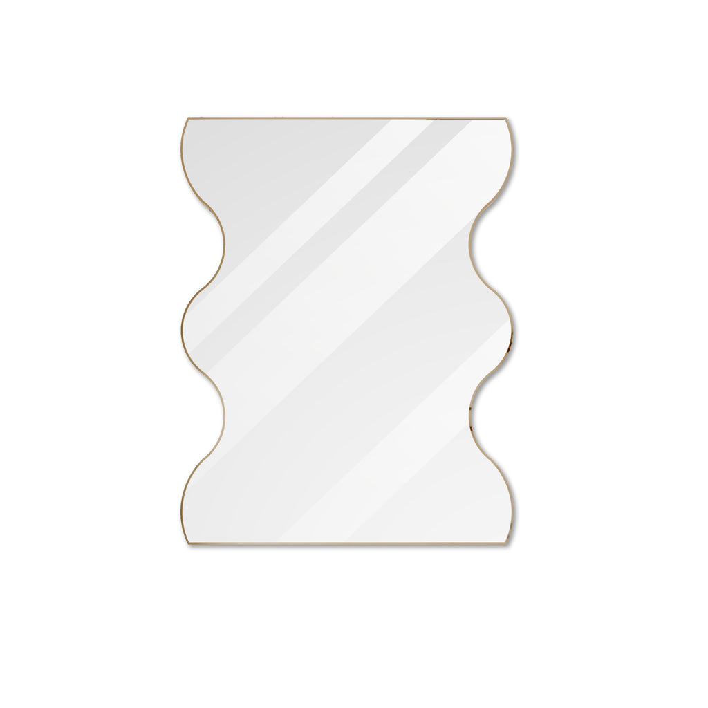 Rectangular wavy-edged wall mirror with clear glass, gold metal frame