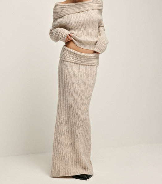 Beige off-shoulder ribbed knit sweater with matching long ribbed skirt set, side view