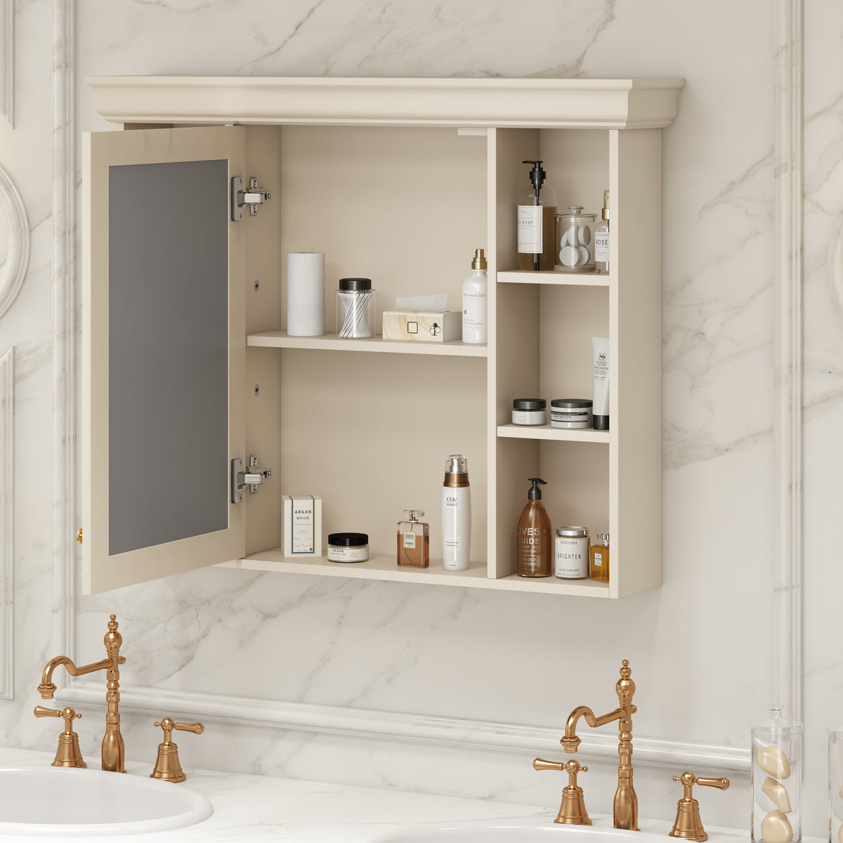 Wall cabinet with mirrored door open, interior shelves holding bathroom essentials