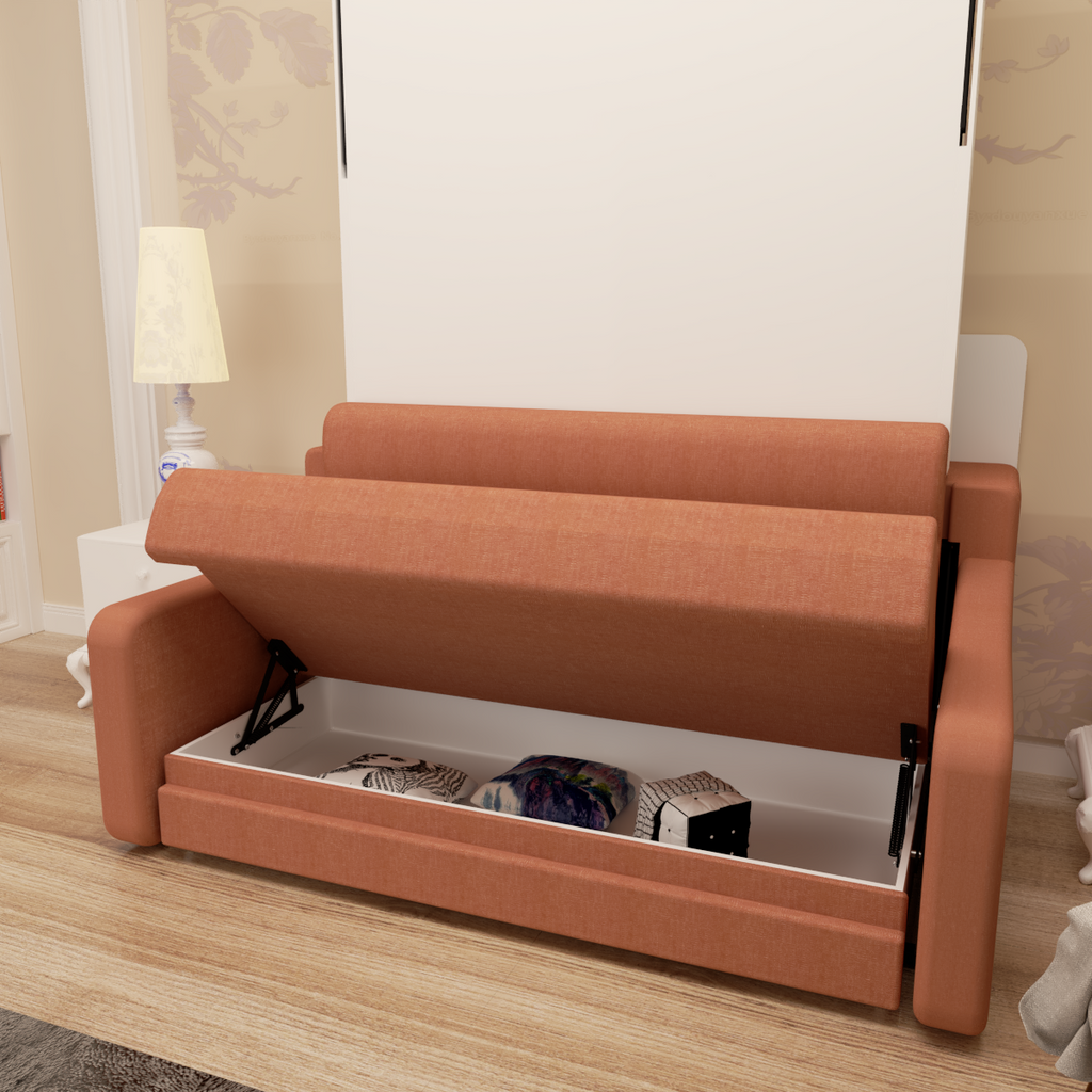 Full size Murphy sofa bed with open storage compartment under the orange-brown seat