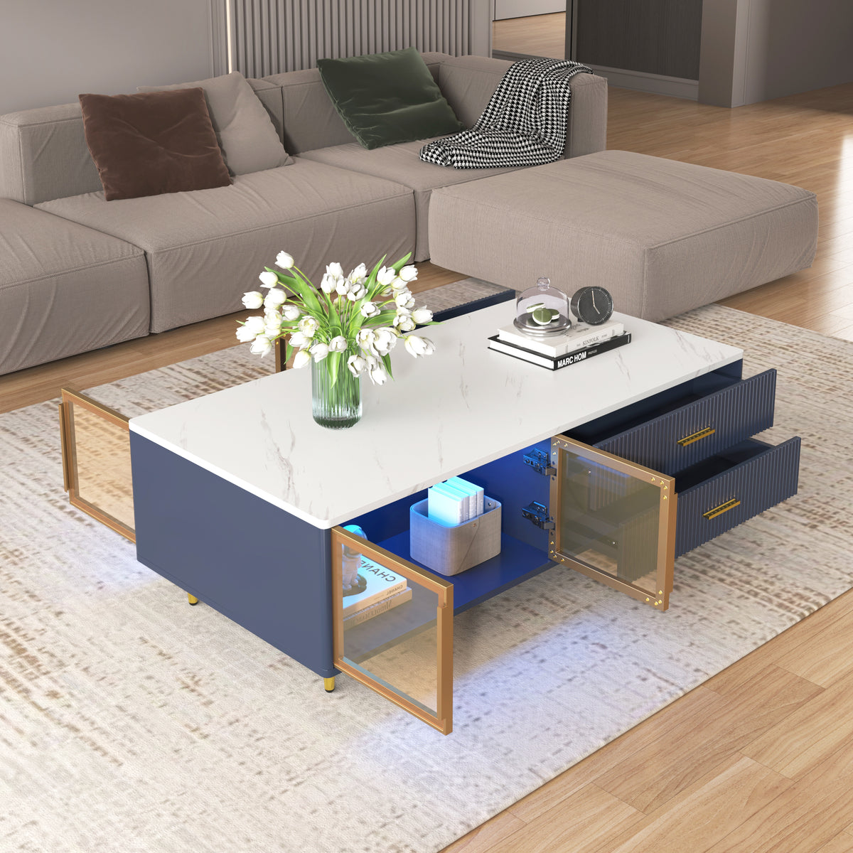 Navy coffee table with glass-door storage, open shelf, and gold metal legs
