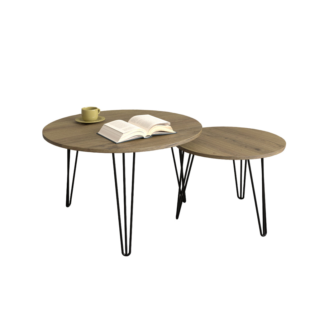 Two-piece round nesting coffee tables with dark wood-look surfaces and black metal legs