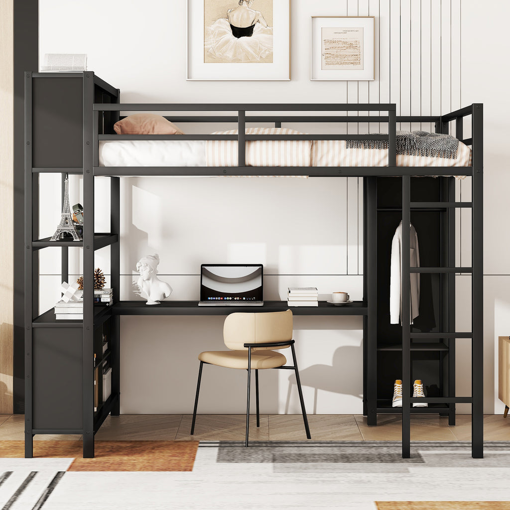 Black metal full-size loft bed with ladder, desk space, and wardrobe cabinet shelves