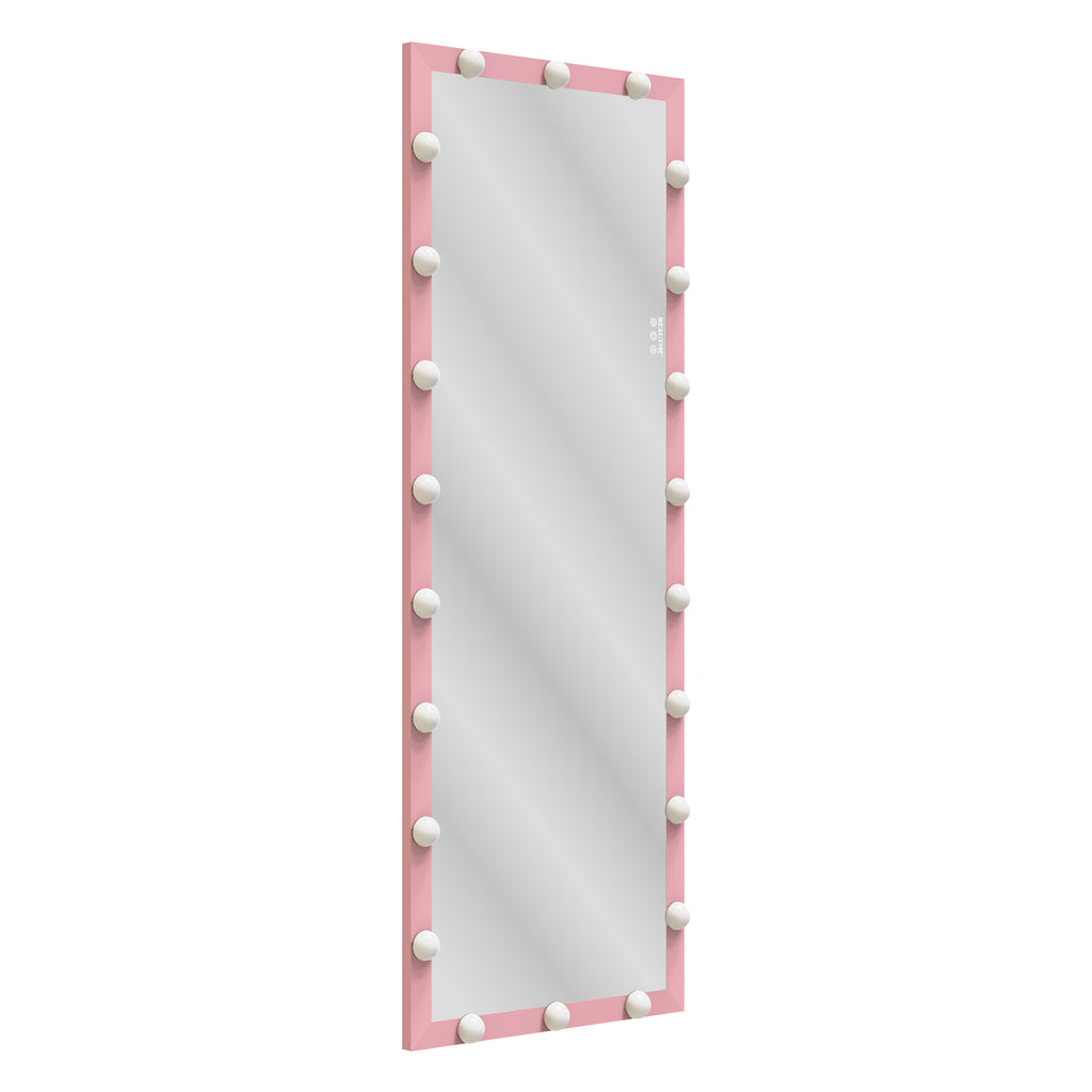 Tall pink Hollywood vanity mirror with border bulbs and reflective glass