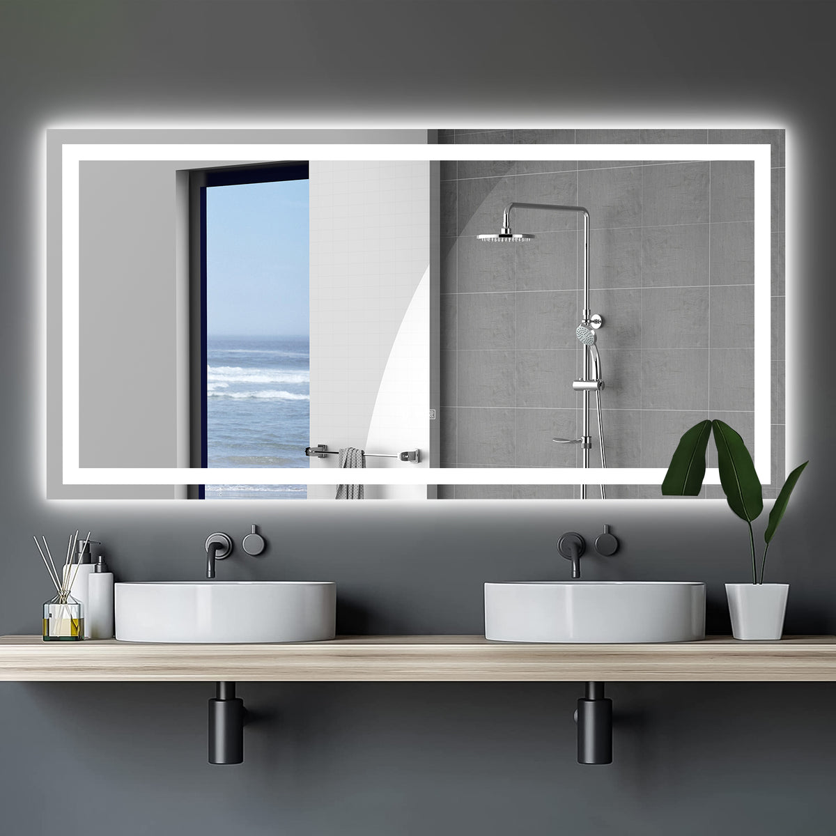 Bathroom LED mirror with white frame and bright perimeter lighting above vanity