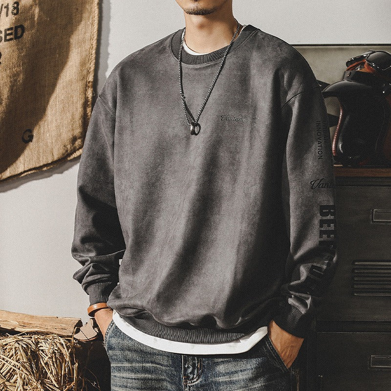 Men's suede-look crewneck sweatshirt, dark gray, long sleeves and ribbed hem