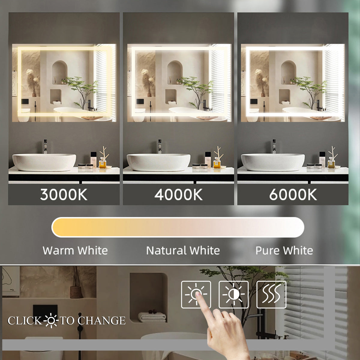 LED bathroom mirror showing multiple color-temperature lighting modes
