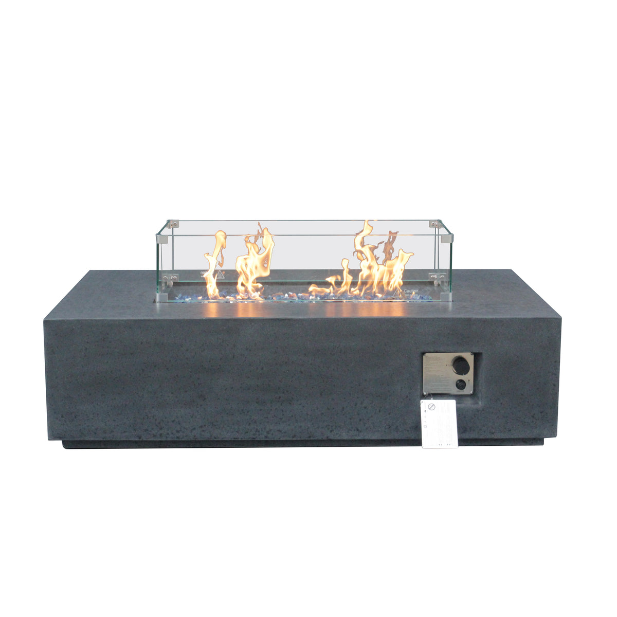 Rectangular dark gray outdoor propane fire pit table with glass wind guard and ignition port
