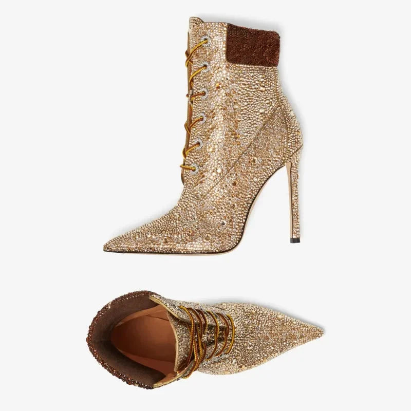 Champagne rhinestone ankle boot with dark brown cuff, pointed toe, stiletto heel; view