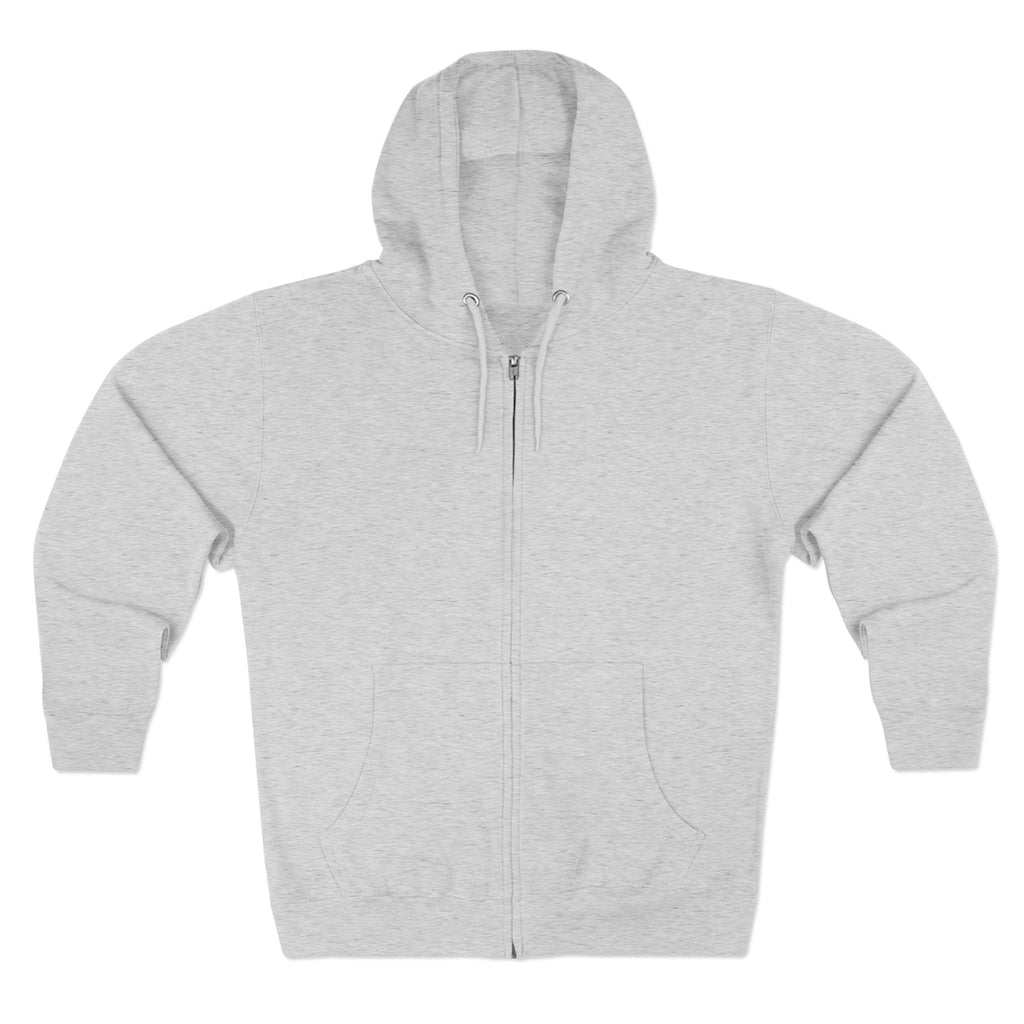 Heather grey unisex zip hoodie with full front zipper and drawstring hood