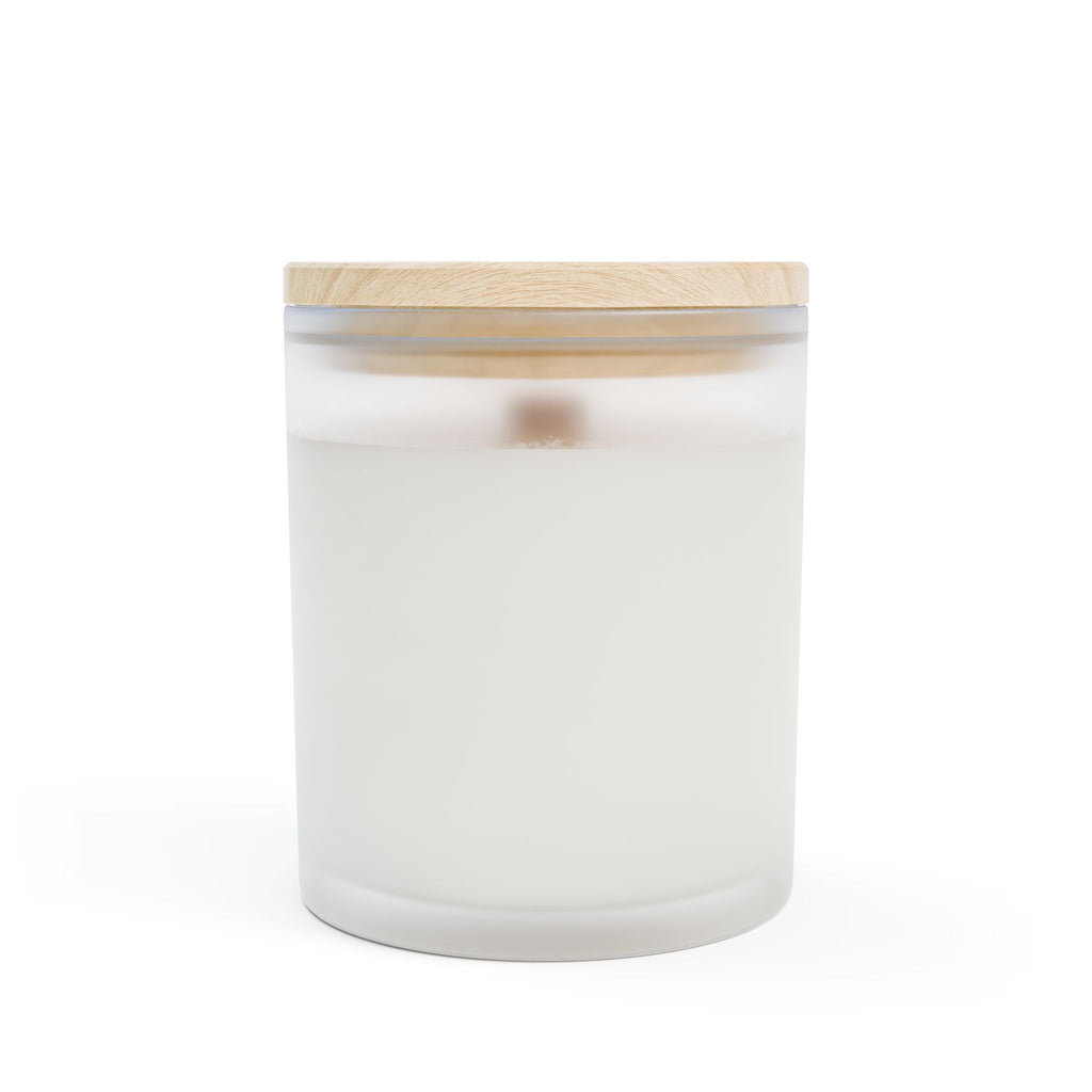 11oz frosted glass candle with bamboo lid, burning wick visible