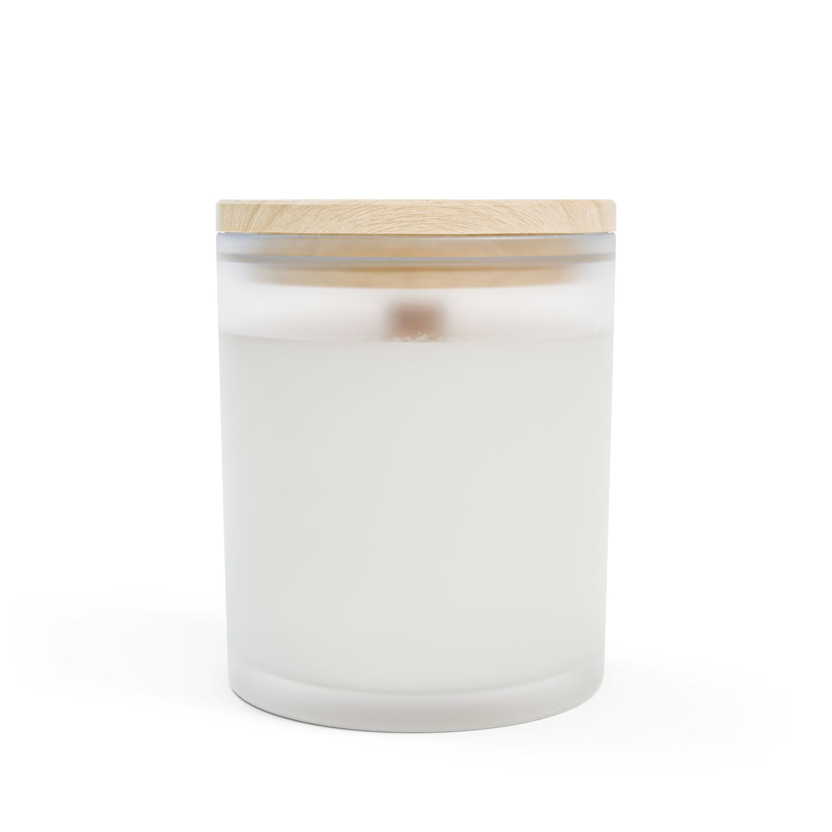 11oz frosted glass candle with bamboo lid, burning wick visible