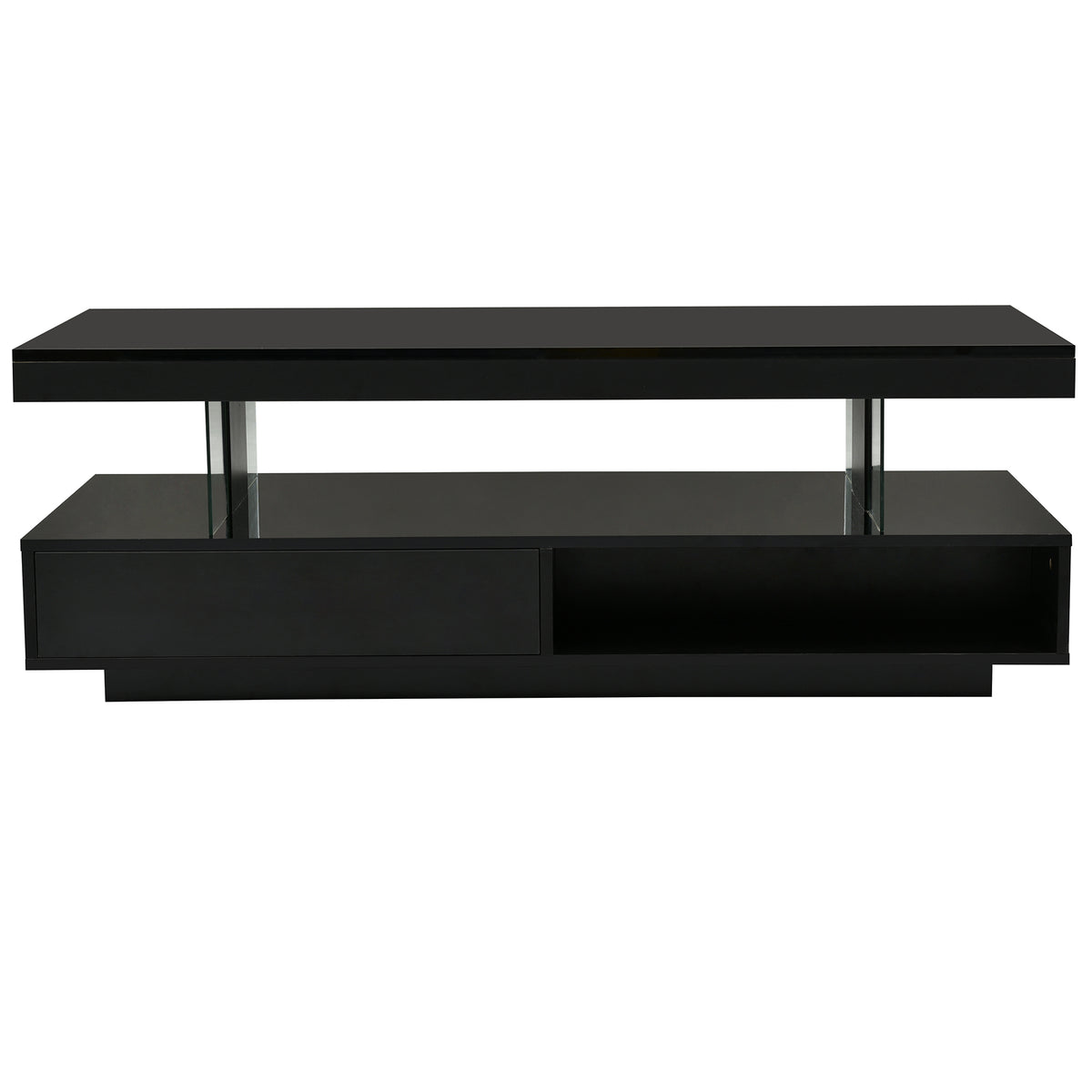 Black coffee table with two drawers and clear side panels under the tabletop.