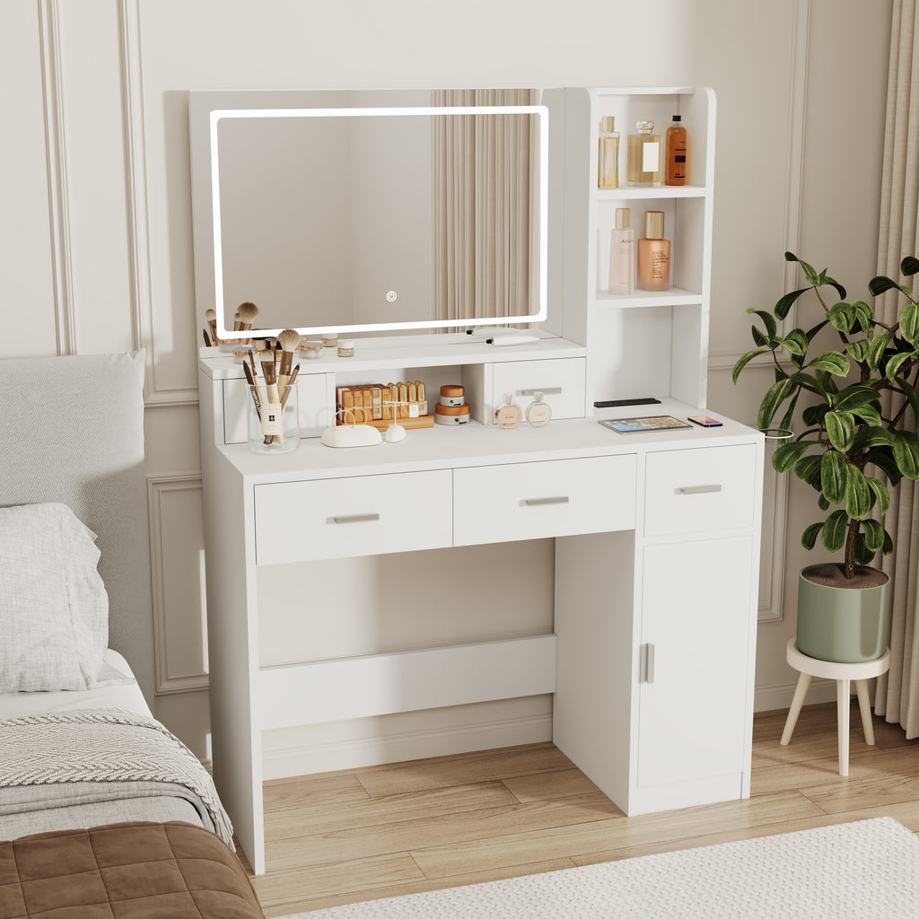 White dressing table with LED mirror, drawers, and side cabinet doors