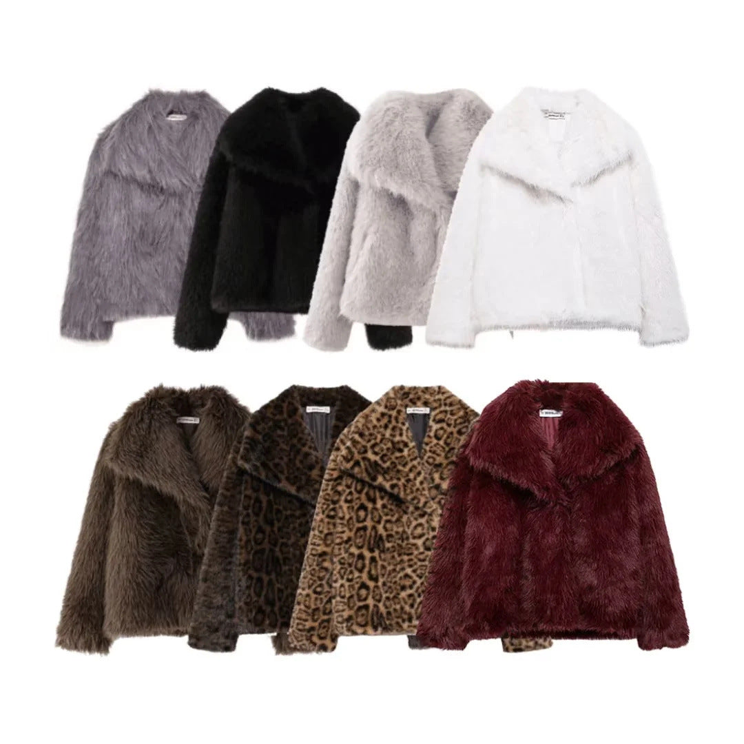 Assorted faux fur jackets in gray, black, white, brown, leopard and burgundy
