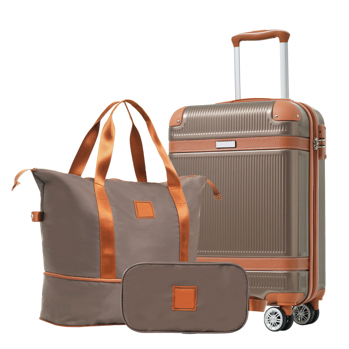 Hardshell carry-on suitcase with ribbed gray shell, copper trim, and matching duffle bag set