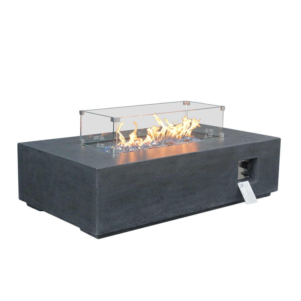 Dark gray rectangular propane fire pit table with glass wind guard, visible burner flames