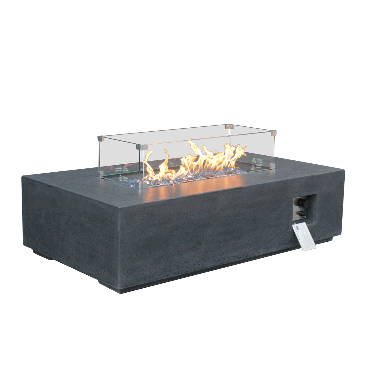 Dark gray rectangular propane fire pit table with glass wind guard, visible burner flames