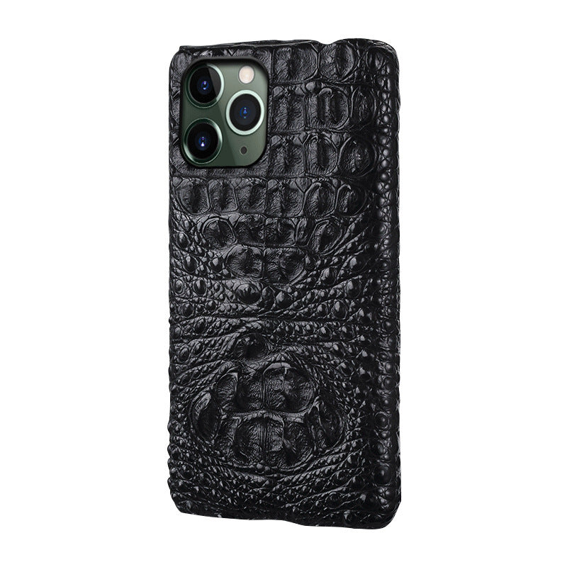 Black crocodile leather phone case with embossed pattern and camera cutouts