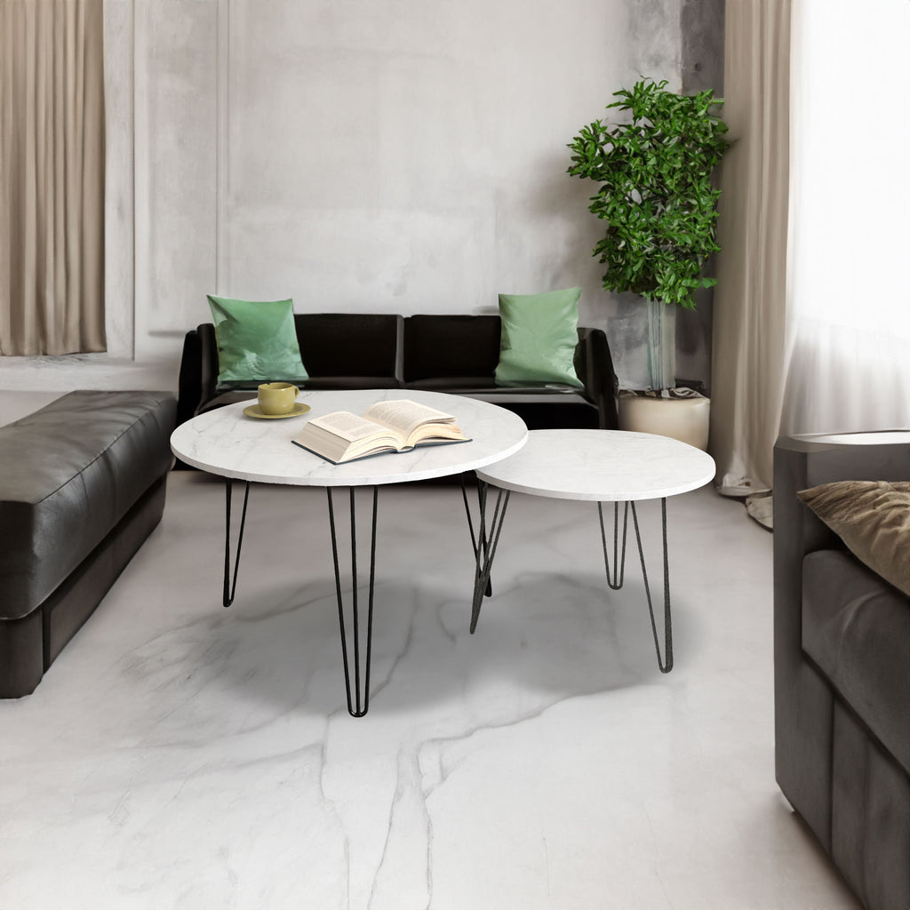 Round nesting coffee table set of 2, white marble-look tops, black metal legs