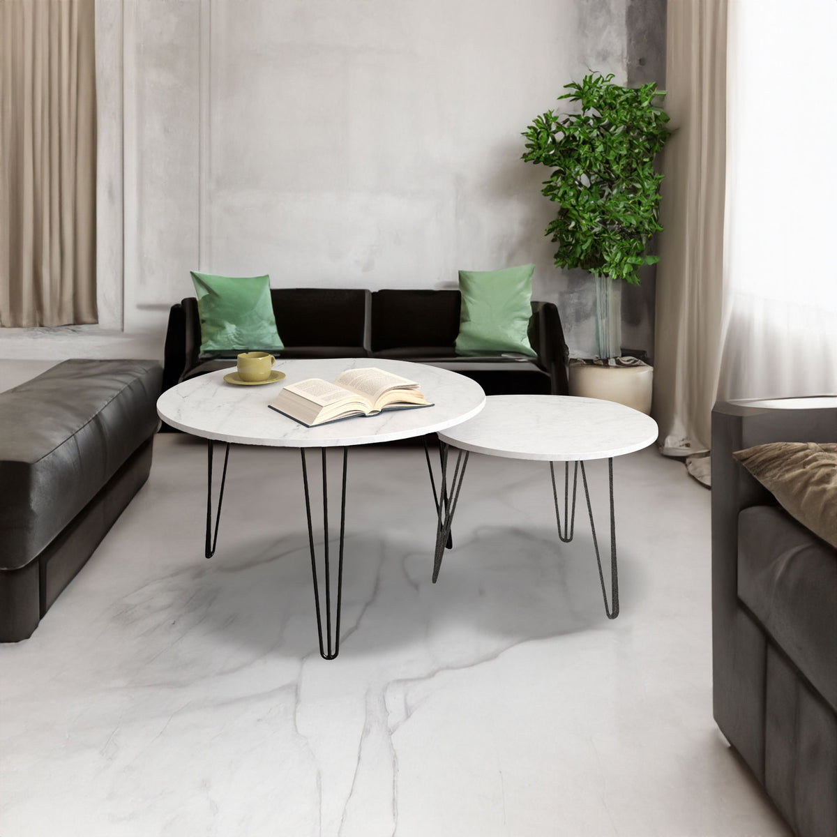 Round nesting coffee table set of 2, white marble-look tops, black metal legs