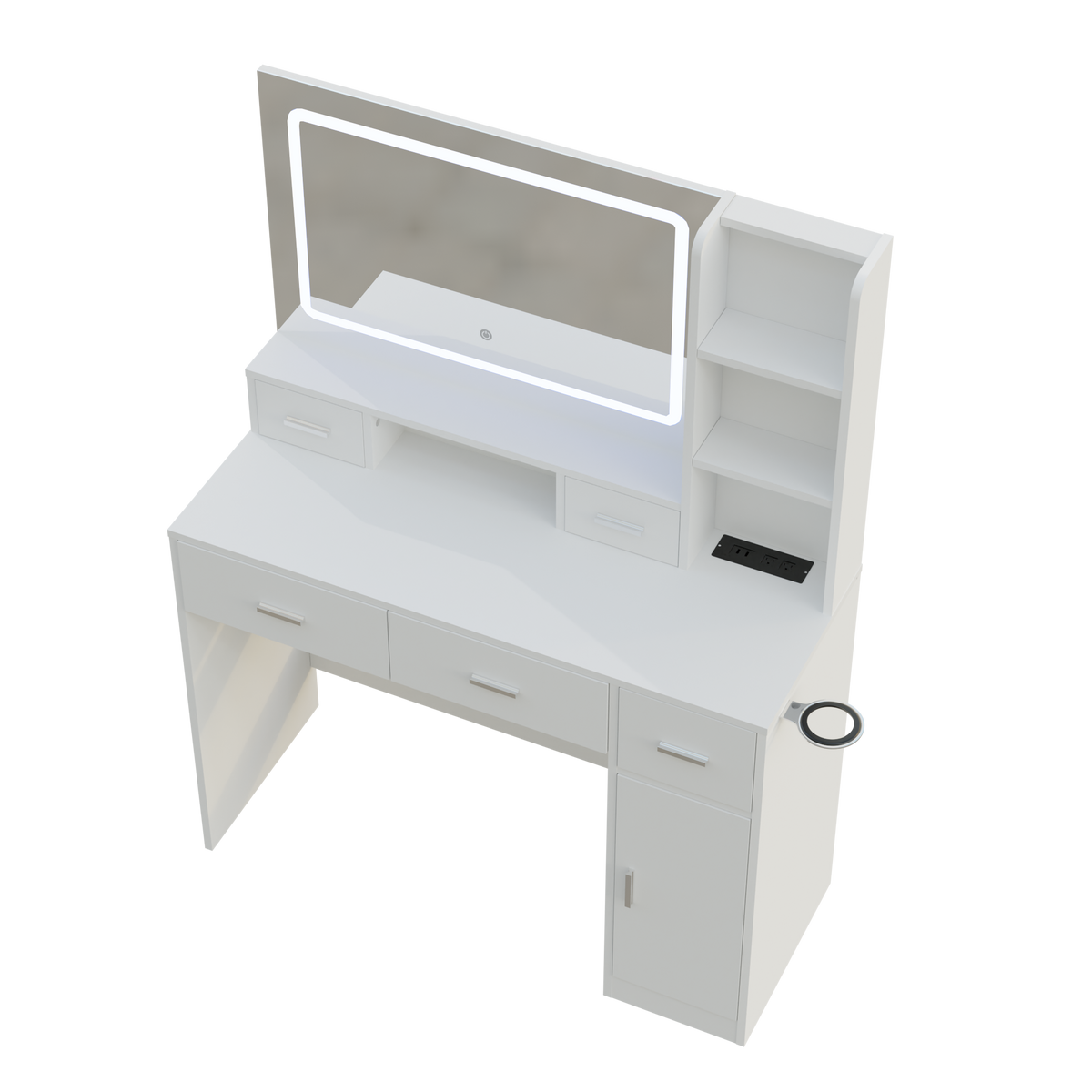 White smart mirror dressing table with illuminated mirror and storage shelves