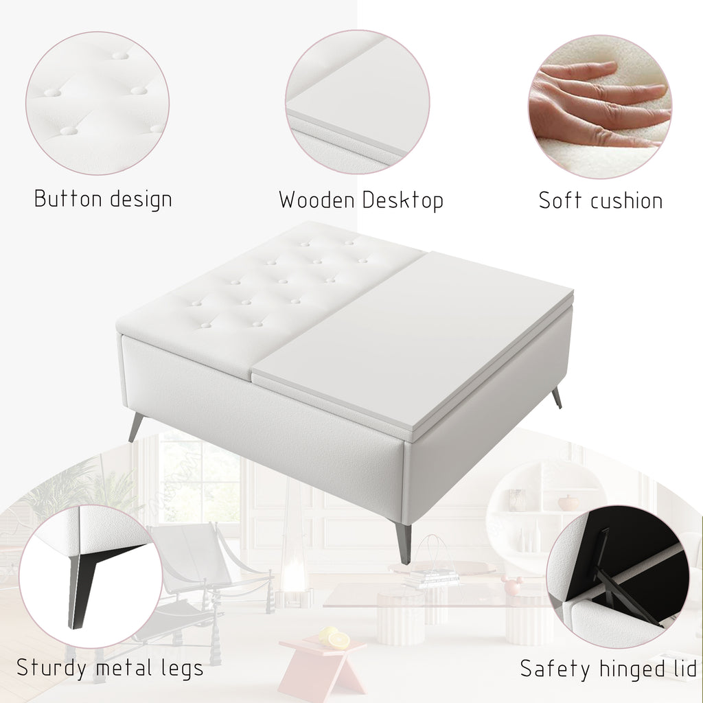 White tufted storage ottoman with button detailing, wooden desktop, and safety hinges