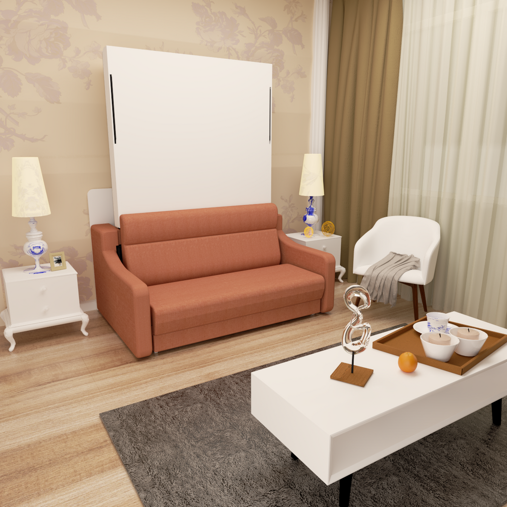 Full size vertical Murphy sofa bed with orange-brown upholstery, white panel closed