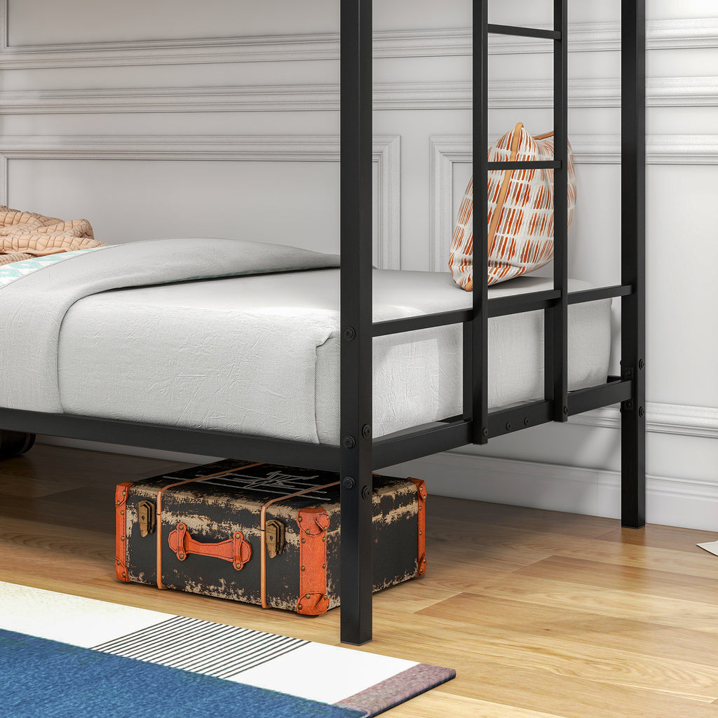 Black metal bunk bed lower frame with ladder side and slatted base