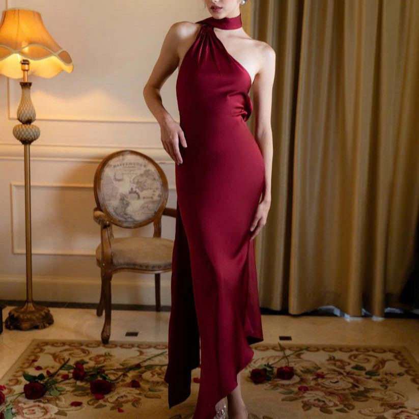 Wine red satin halter backless evening dress, floor-length with side slit