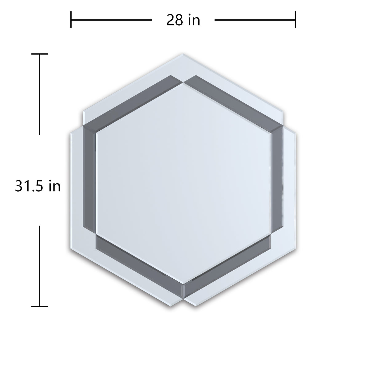 Octagon silver wall mirror with size markings: 28 in wide, 31.5 in high