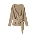 Khaki V-neck long-sleeve knit sweater with wrap waist tie and flowing back hem
