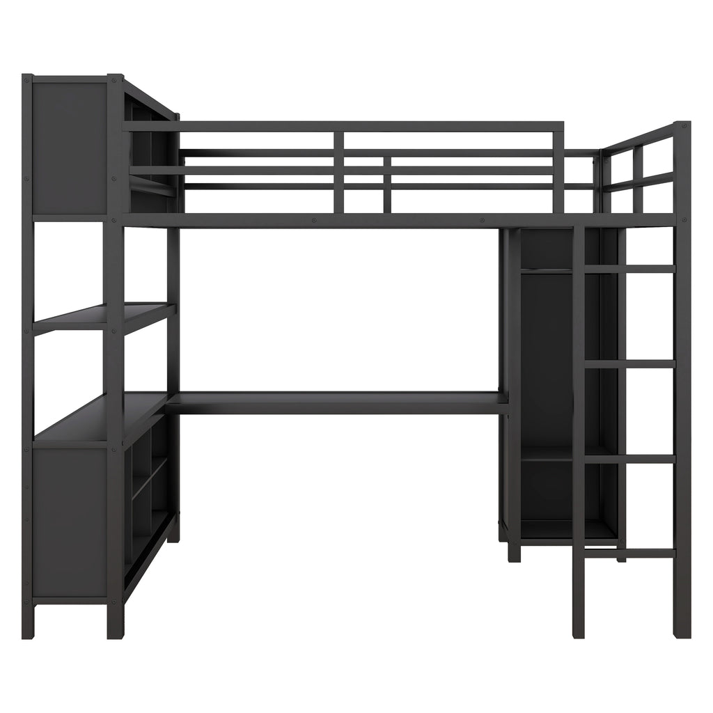 Black metal full-size loft bed frame with desk space and integrated side shelving