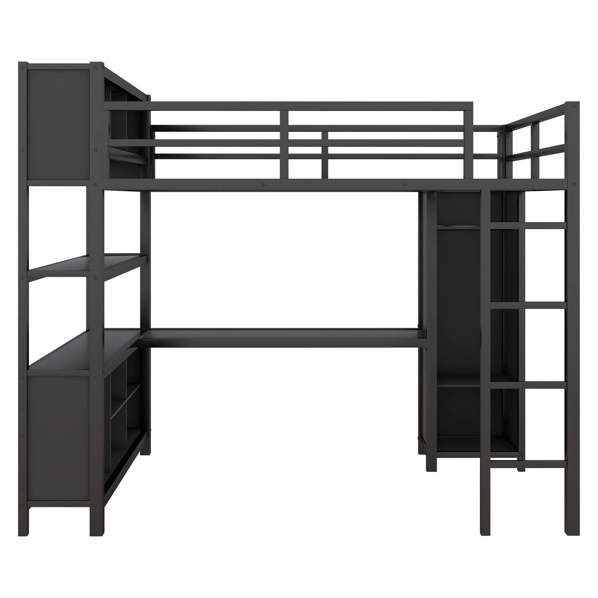 Black metal full-size loft bed frame with desk space and integrated side shelving