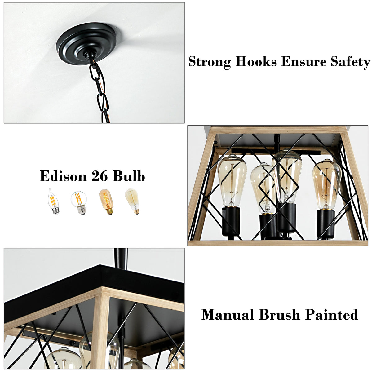 4-light farmhouse chandelier details: black chain, open cage, and Edison-style bulbs inside.