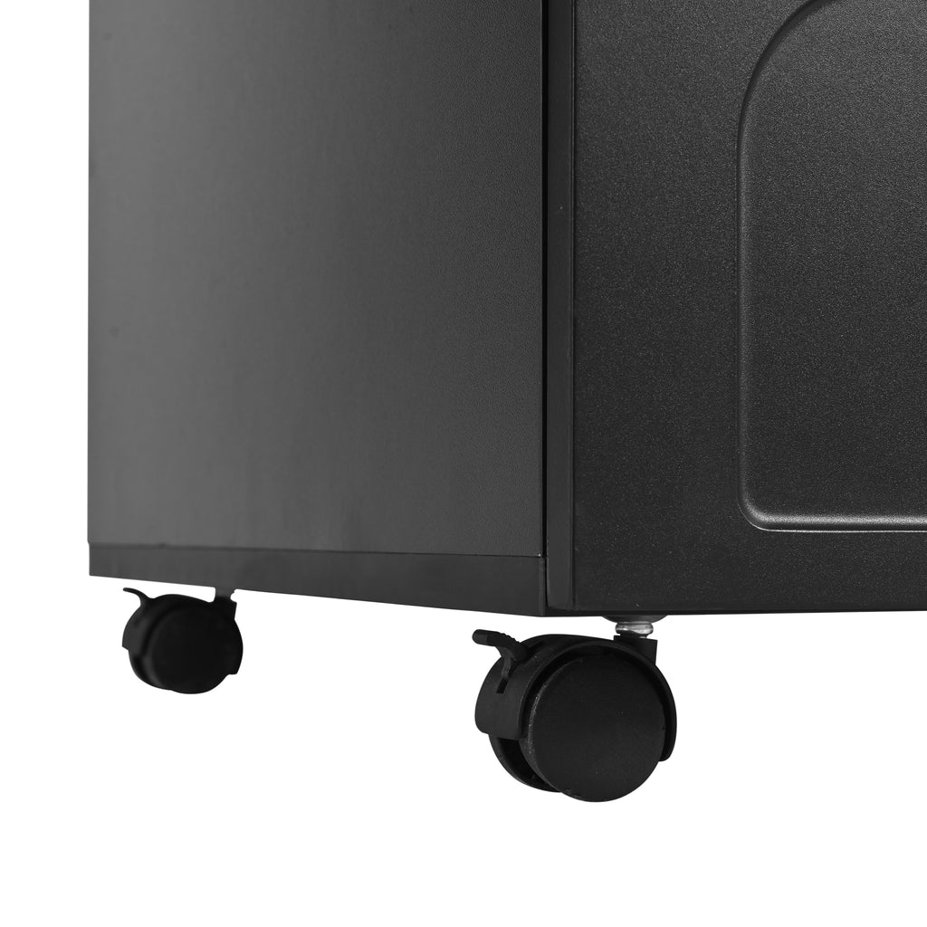 Black coffee table caster wheels and storage cabinet side panel detail