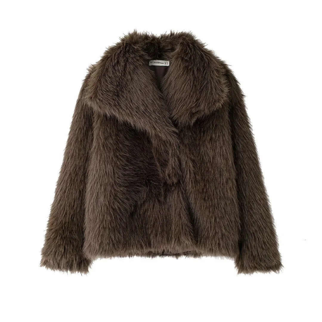 Brown faux fur jacket with wide V collar, long sleeves, open front