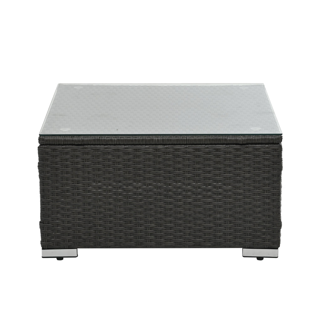 Dark gray woven outdoor ottoman with light gray top cushion