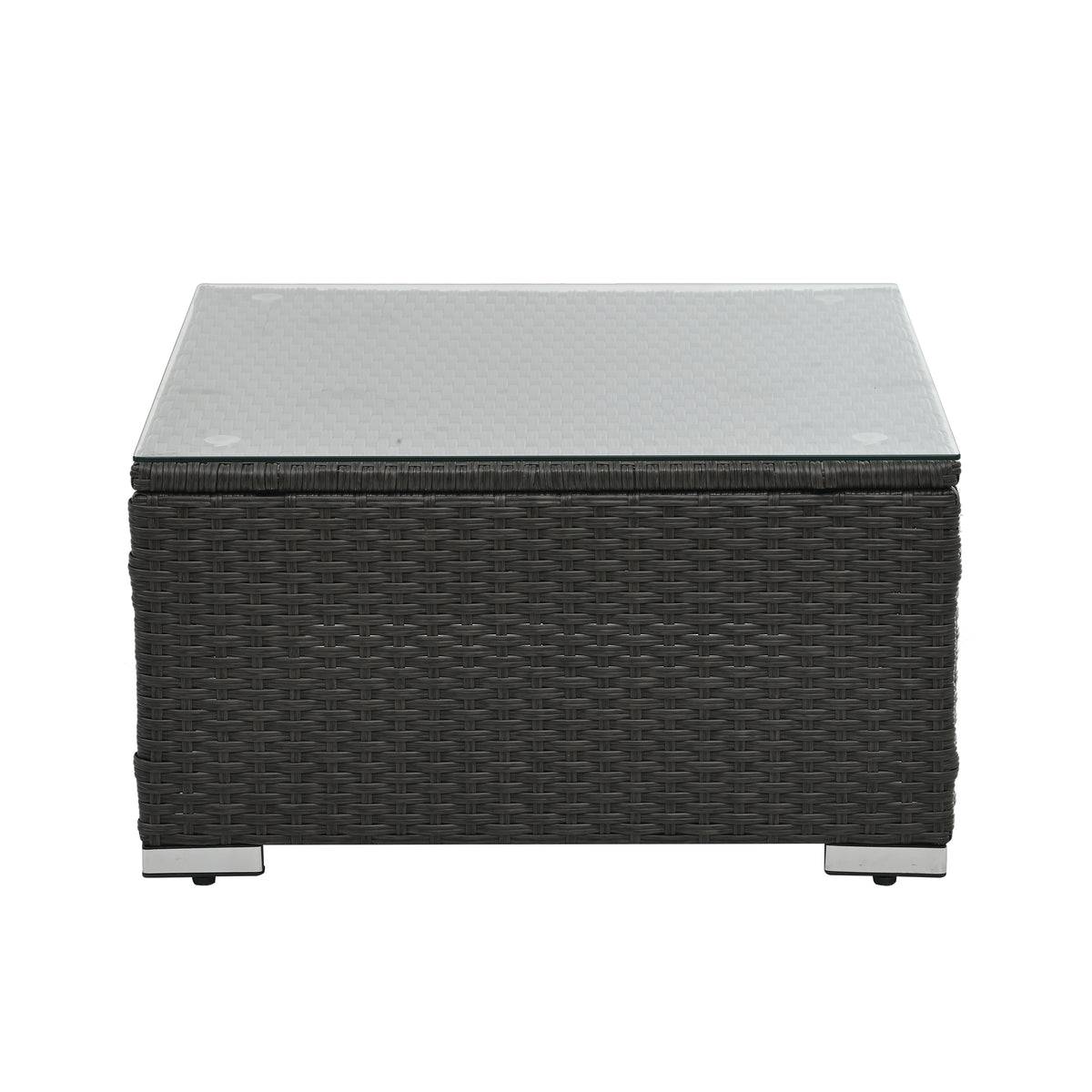 Dark gray woven outdoor ottoman with light gray top cushion