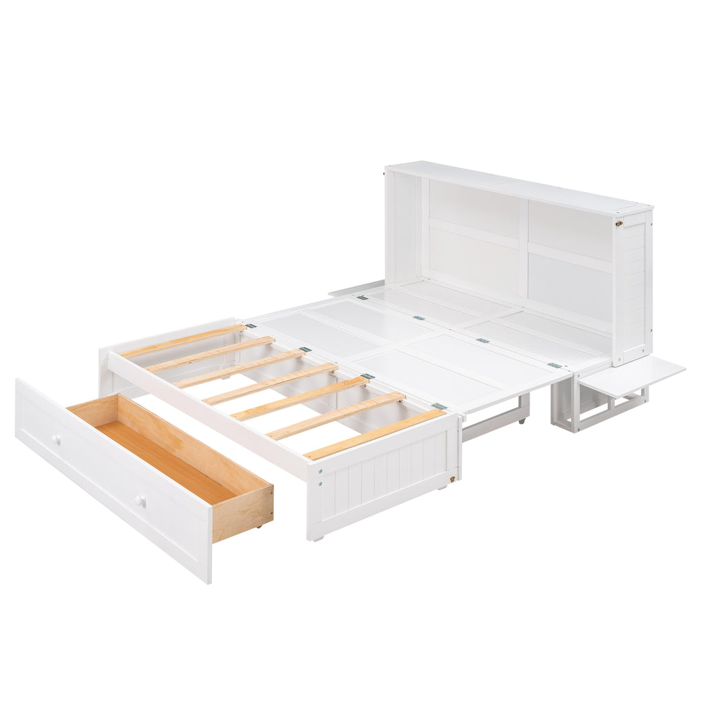 White Murphy bed fully opened, showing wooden slats and side drawer cabinet