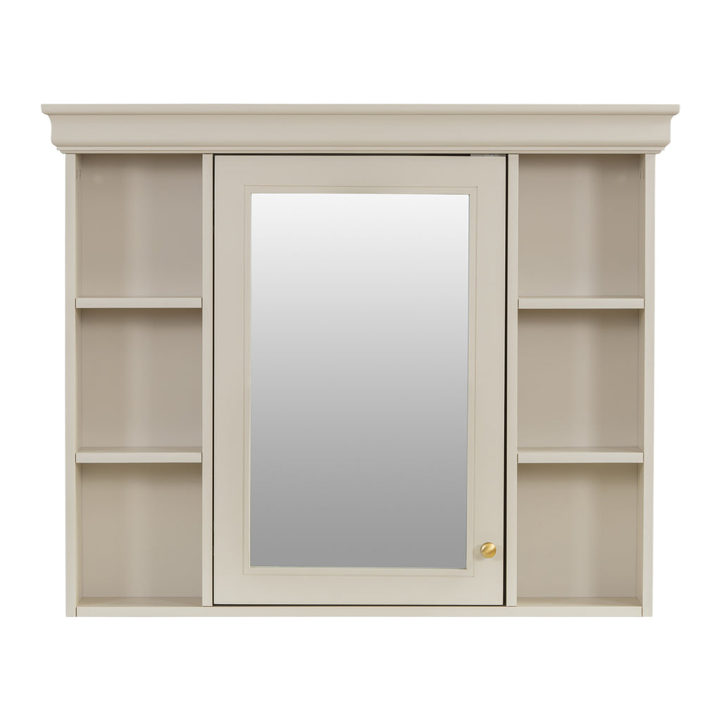 Cream wall cabinet with mirrored door and two side storage compartments