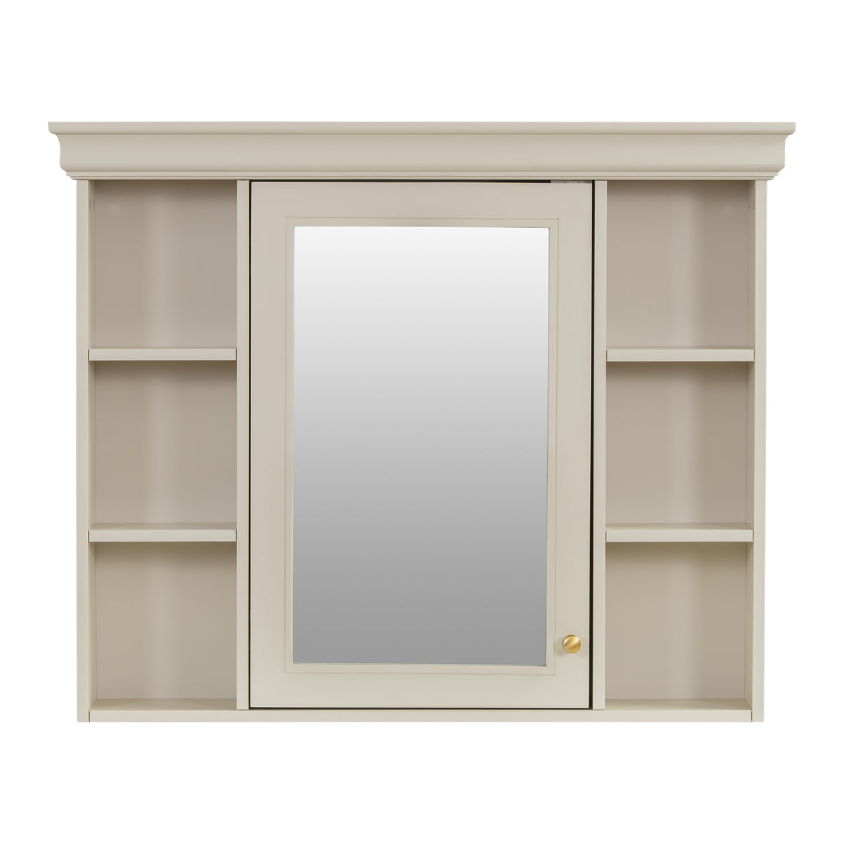Cream wall cabinet with mirrored door and two side storage compartments