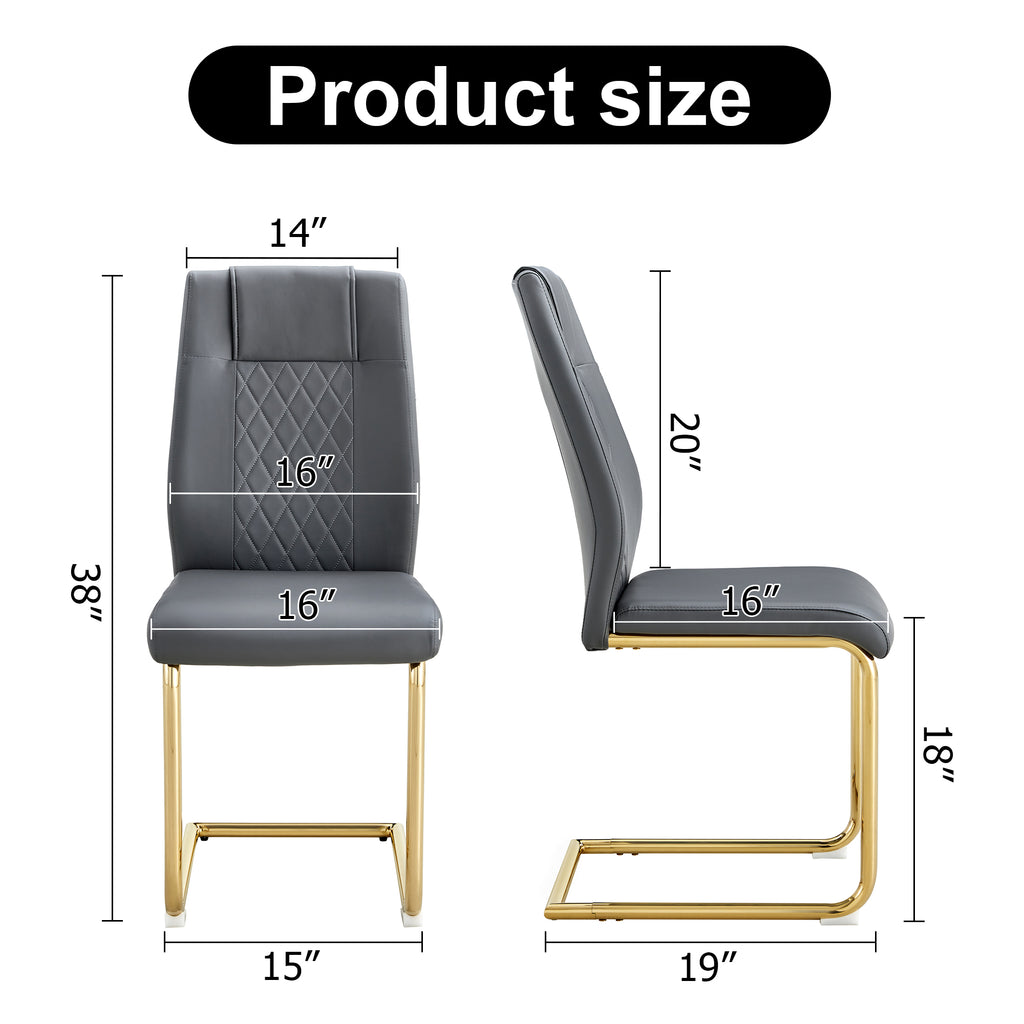 Gray faux leather chair with diamond-stitch seat, curved back, and gold metal legs