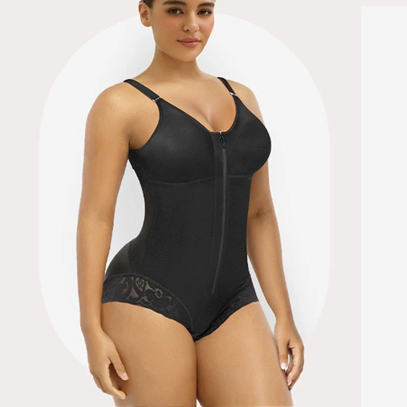 Black mesh zip-front one-piece shapewear with lace-trim shorts and shoulder straps