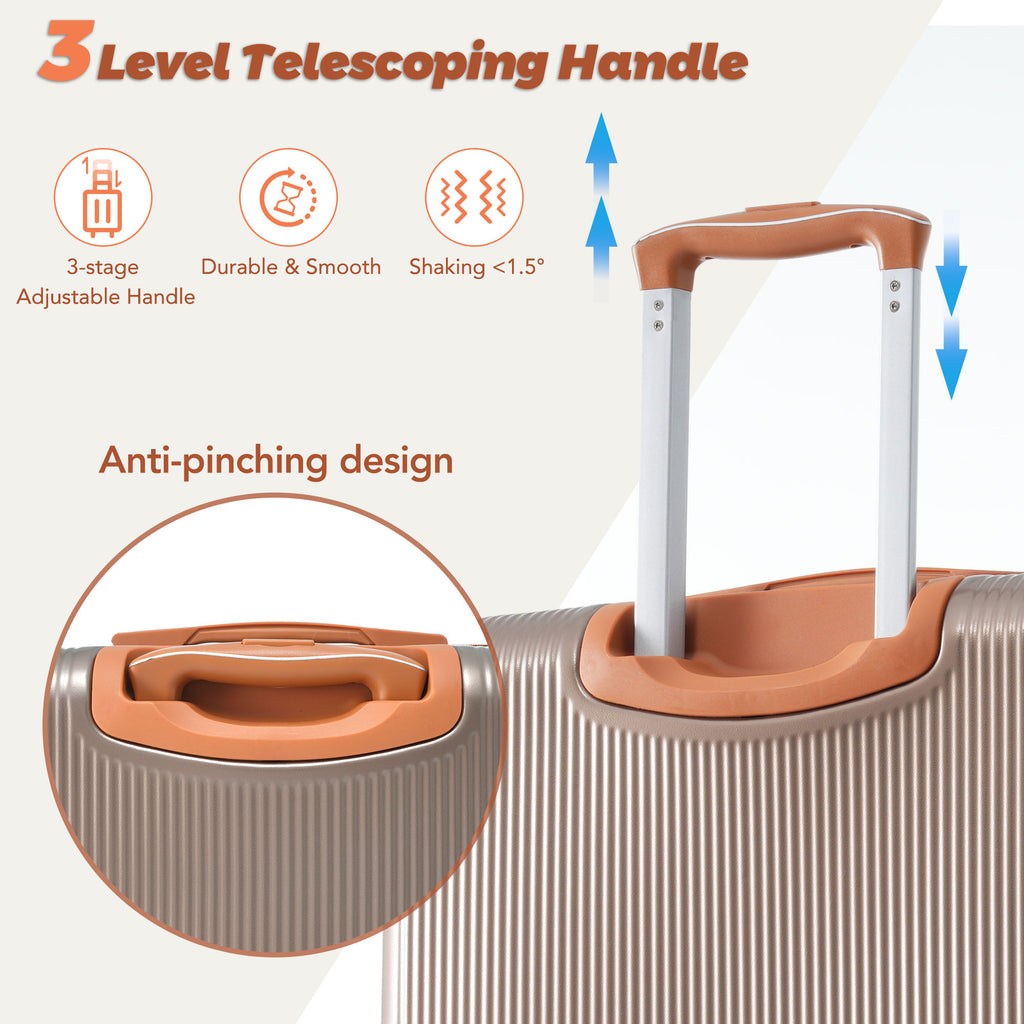 Close-up of coppery carry-on handle area with anti-pinch design and textured shell