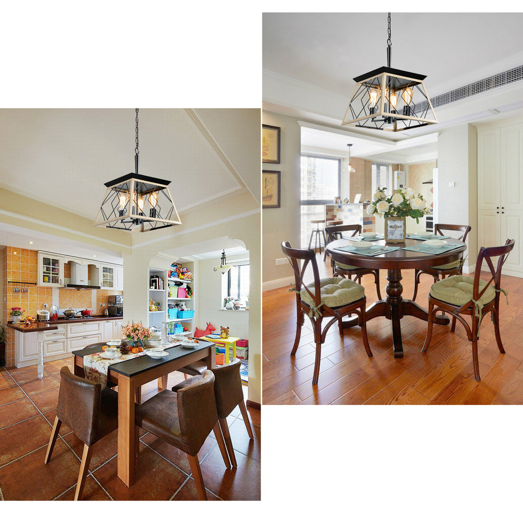 Black 4-light farmhouse chandelier with wire cage shade, hanging from a chain.