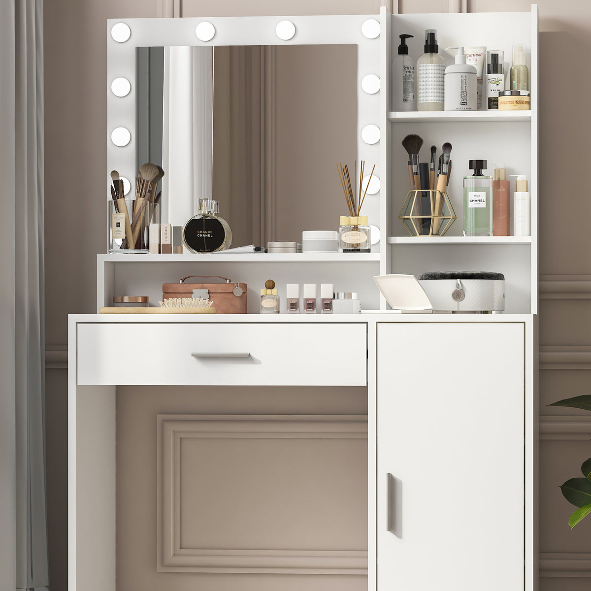 White makeup vanity desk with lighted mirror, drawer front, and side shelves