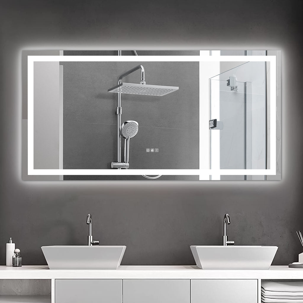 LED bathroom mirror with white frame and continuous light strip around the edges