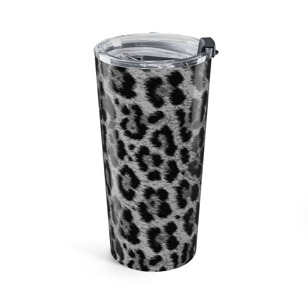 20oz leopard print tumbler with clear lid and hinged black handle strap