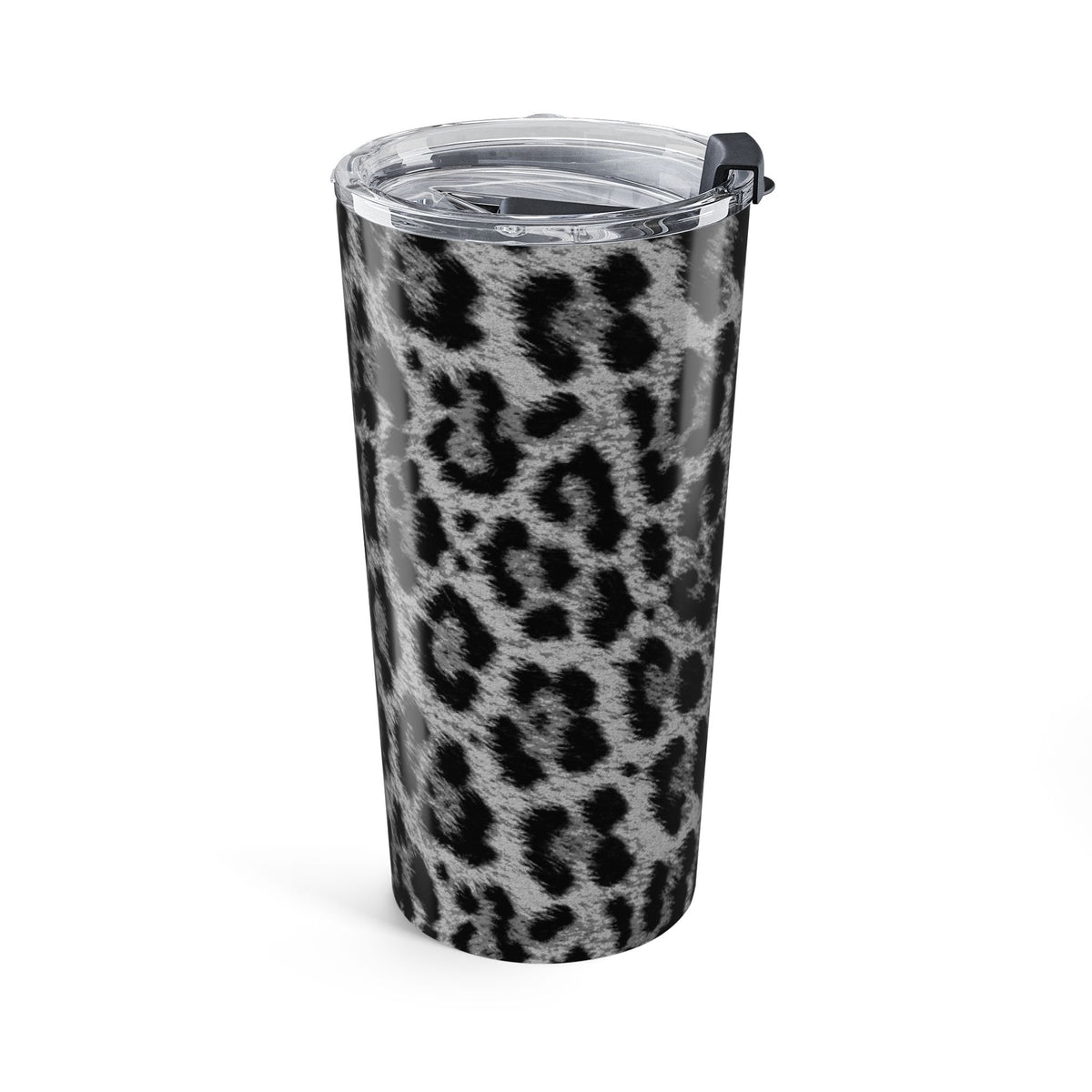 20oz leopard print tumbler with clear lid and hinged black handle strap